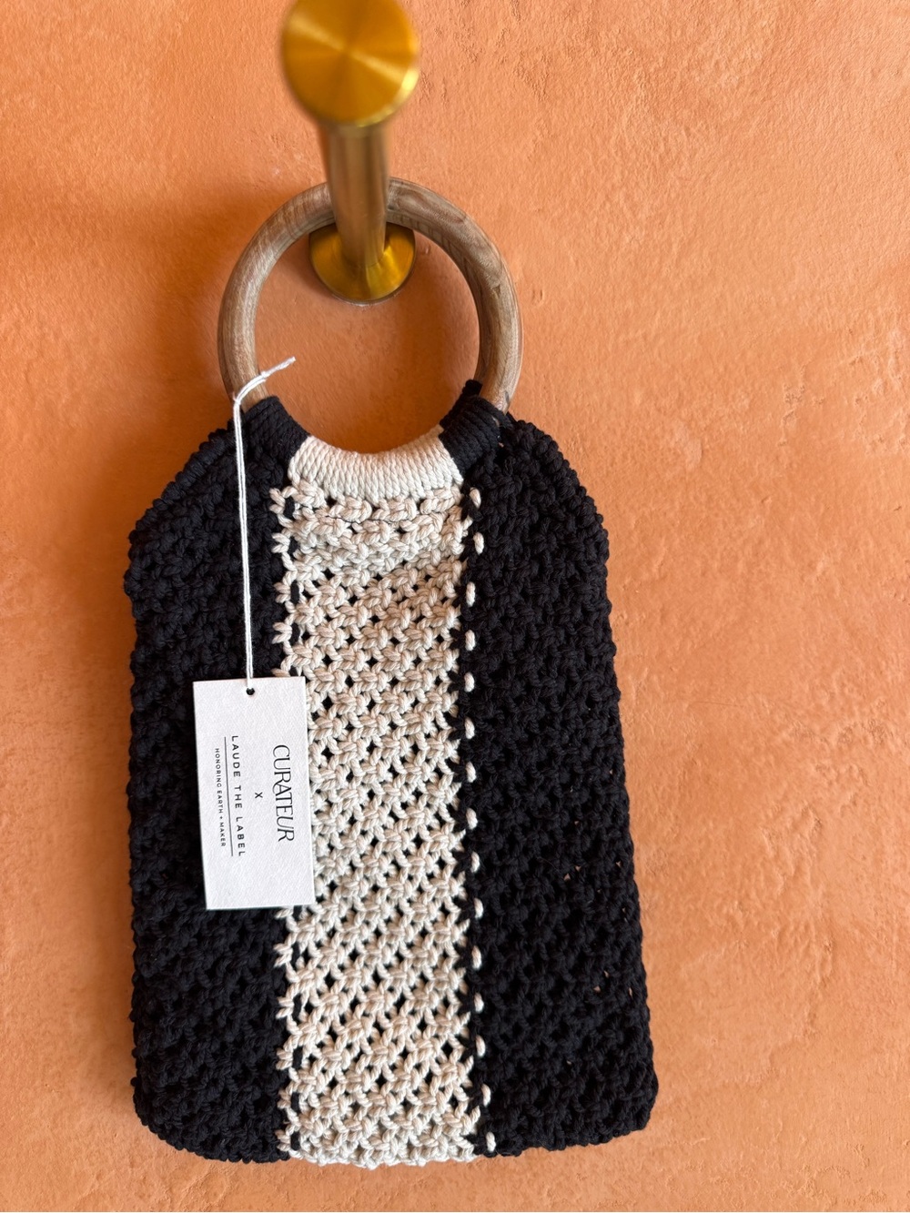 NWT LAUDE The Label Gabby Macramé Bag Black & Natural Wooden Handle